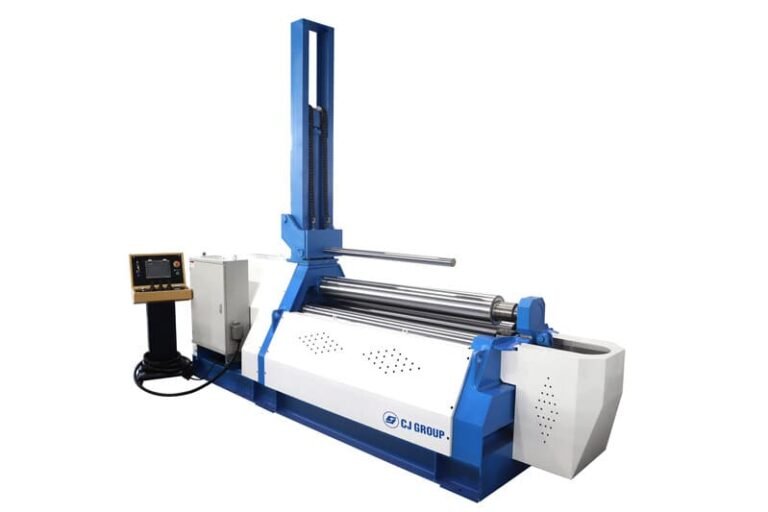 CJ-3020-5 5-axis heavy-duty plate rolling machine using its integrated overhead support to safely secure a large-diameter rolled cylinder after processing