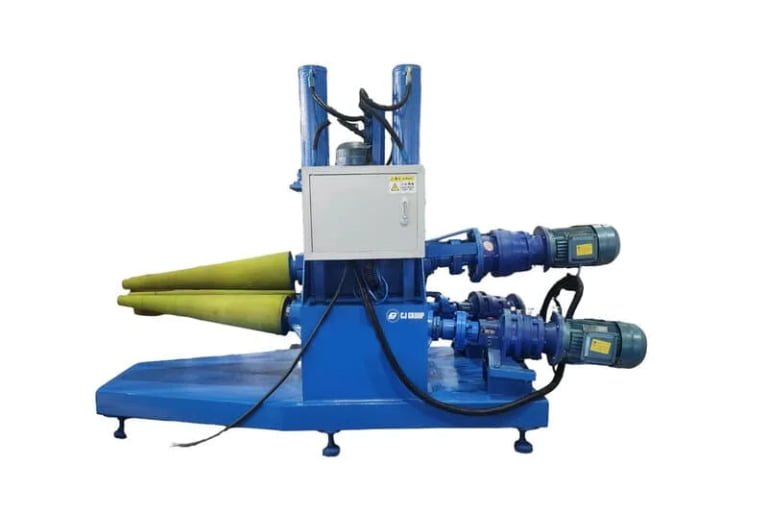 CJ-2010-CR dedicated cone plate rolling machine precisely forming a steep-angle metal cone with its specialized 3-roll asymmetrical geometry