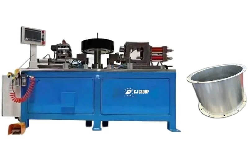 The CJ-1300 combination machine simultaneously forming a wide flange and punching bolt holes on a large diameter HVAC duct section, showcasing its single-step efficiency.