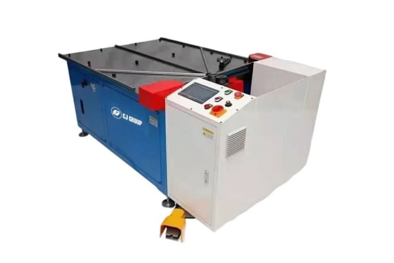 The CJ-1200 heavy-duty industrial flanging machine precisely forming a smooth, uniform flange on the edge of a cylindrical steel workpiece for fan casing assembly.