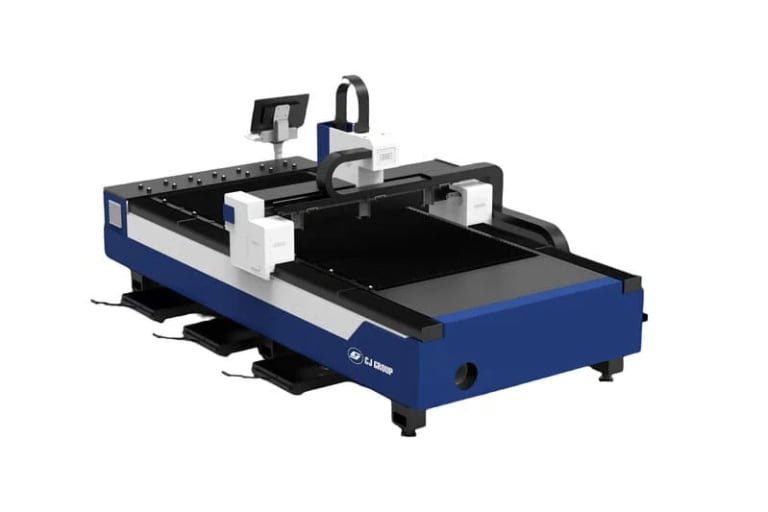 CJ-3015-FL fiber laser cutting machine efficiently cutting complex nested HVAC duct patterns from a large sheet of galvanized steel.
