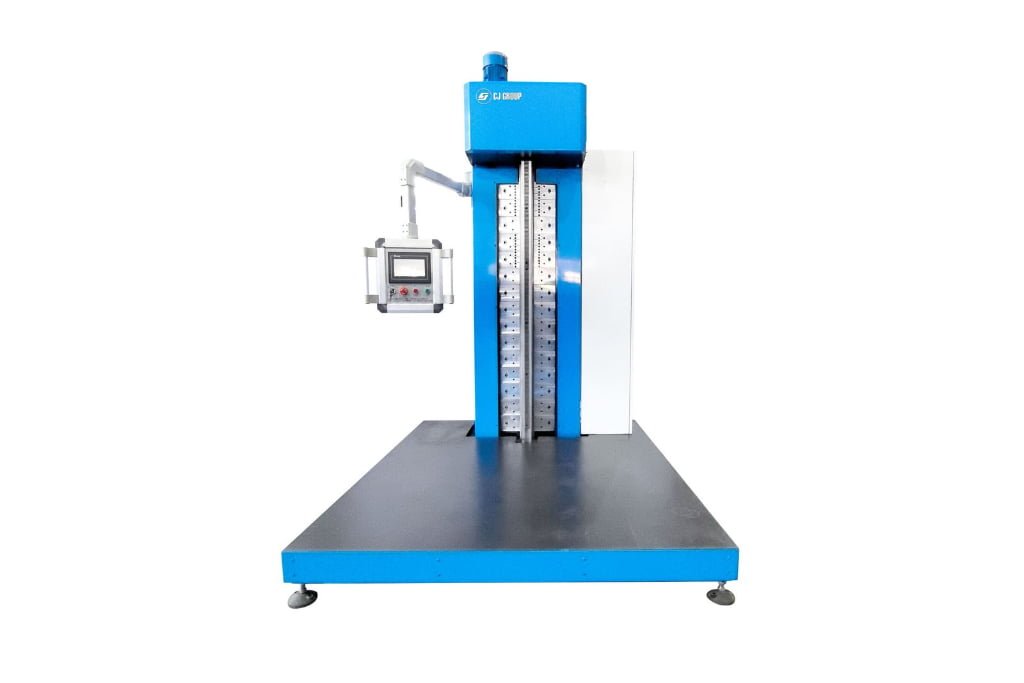 The revolutionary CSV series vertical seam welder, effortlessly performing a flawless top-down longitudinal weld on a massive square-shaped stainless steel duct, showcasing its unique capability for unlimited workpiece sizes and shapes.